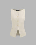 Round Neck Button Front Sleeveless Top in Beige