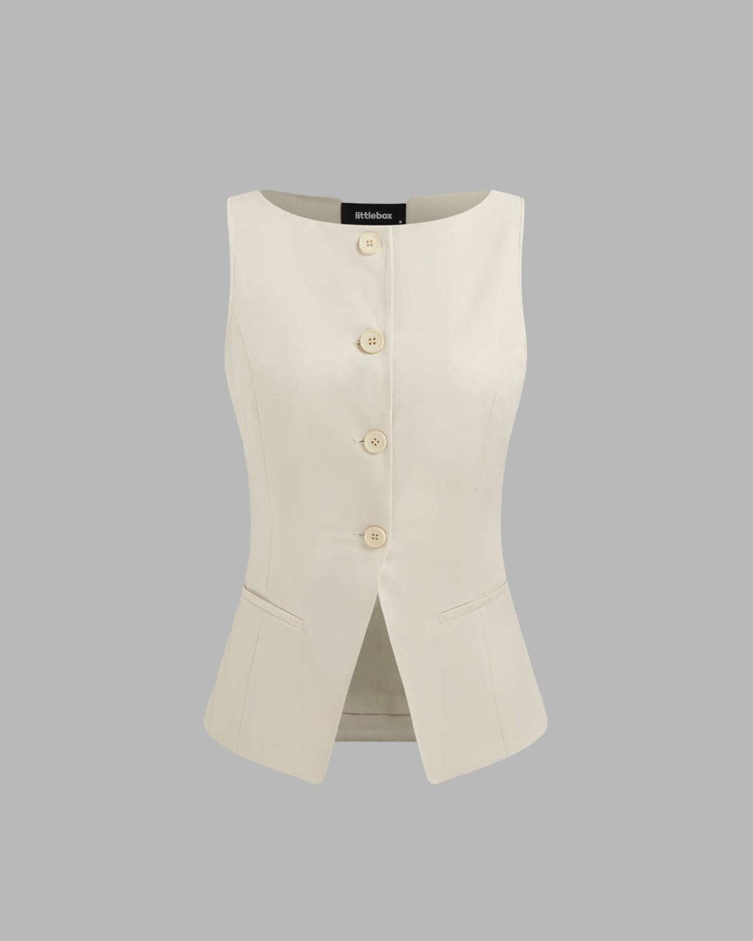 Round Neck Button Front Sleeveless Top in Beige