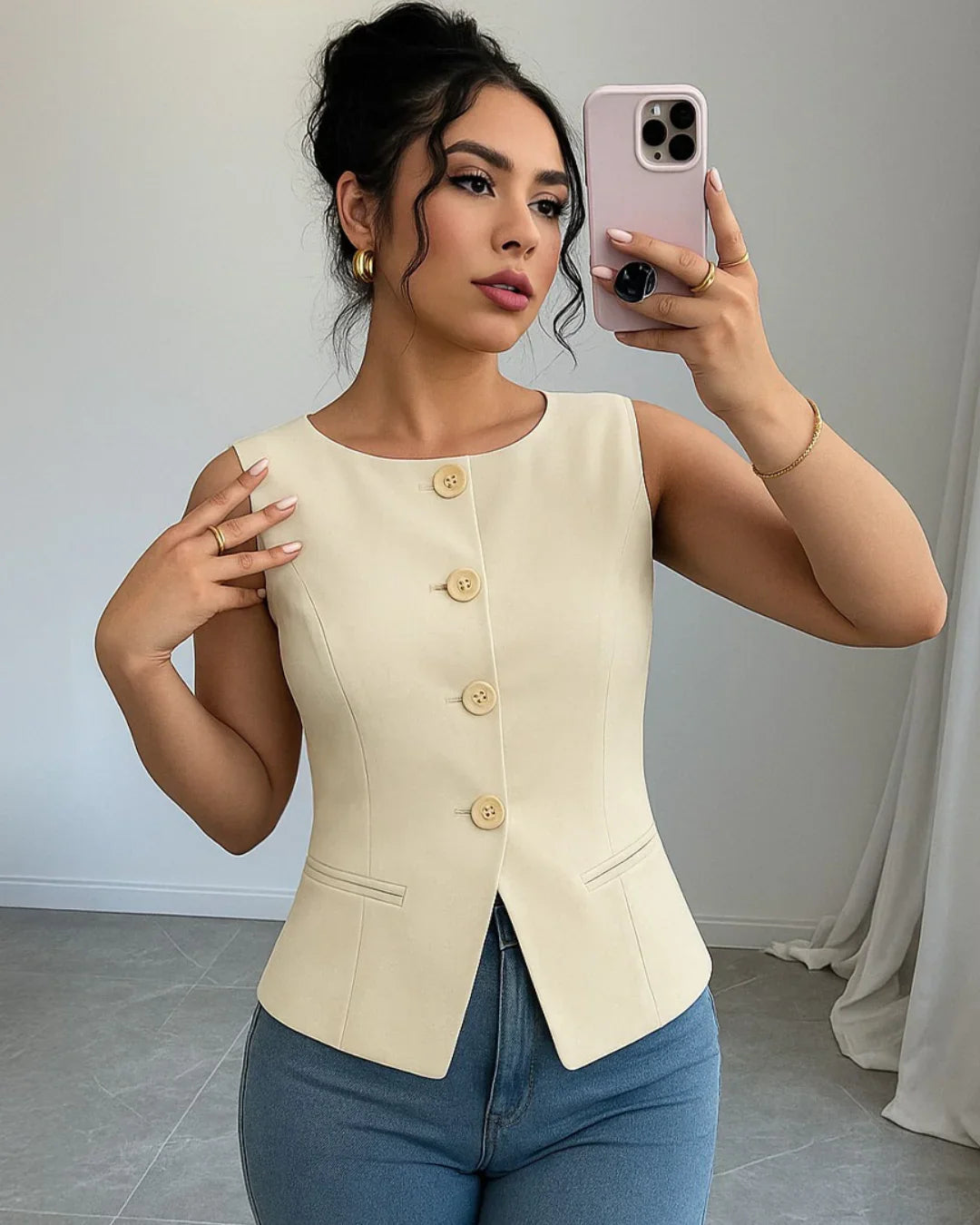Round Neck Button Front Sleeveless Top in Beige