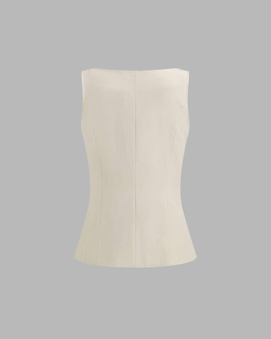 Round Neck Button Front Sleeveless Top in Beige