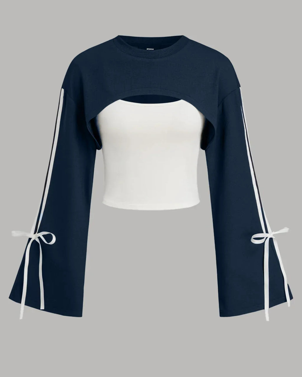 Round Neck Cut-Out Detail Full Sleeve Sweatshirt in Navy Blue and White