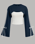 Round Neck Cut-Out Detail Full Sleeve Sweatshirt in Navy Blue and White