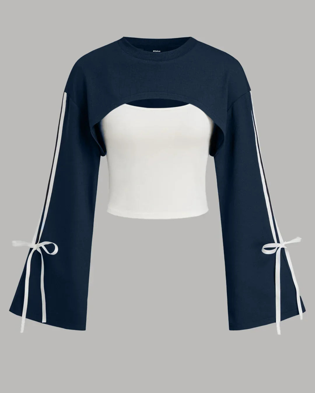 Round Neck Cut-Out Detail Full Sleeve Sweatshirt in Navy Blue and White