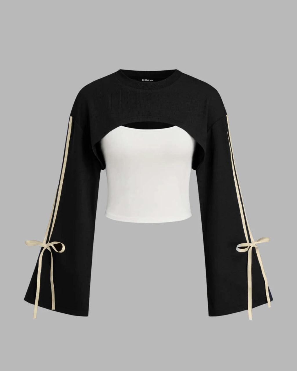 Round Neck Cut-Out Full Sleeve Sweatshirt in Black and White