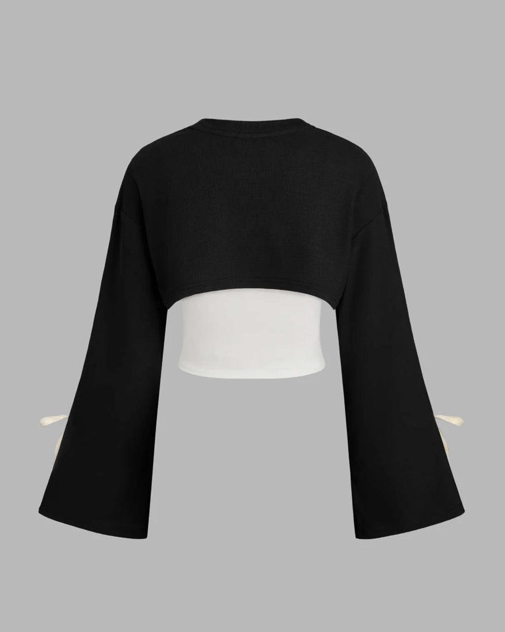 Round Neck Cut-Out Full Sleeve Sweatshirt in Black and White
