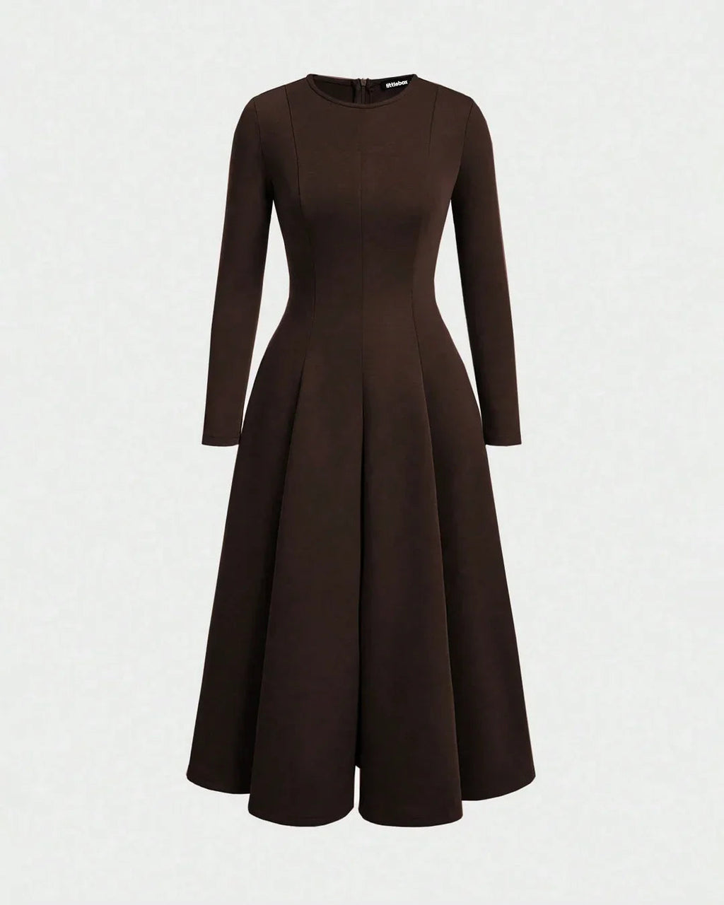 Round Neck Fit & Flare Solid Long Sleeve Midi Dress in Brown