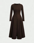 Round Neck Fit & Flare Solid Long Sleeve Midi Dress in Brown