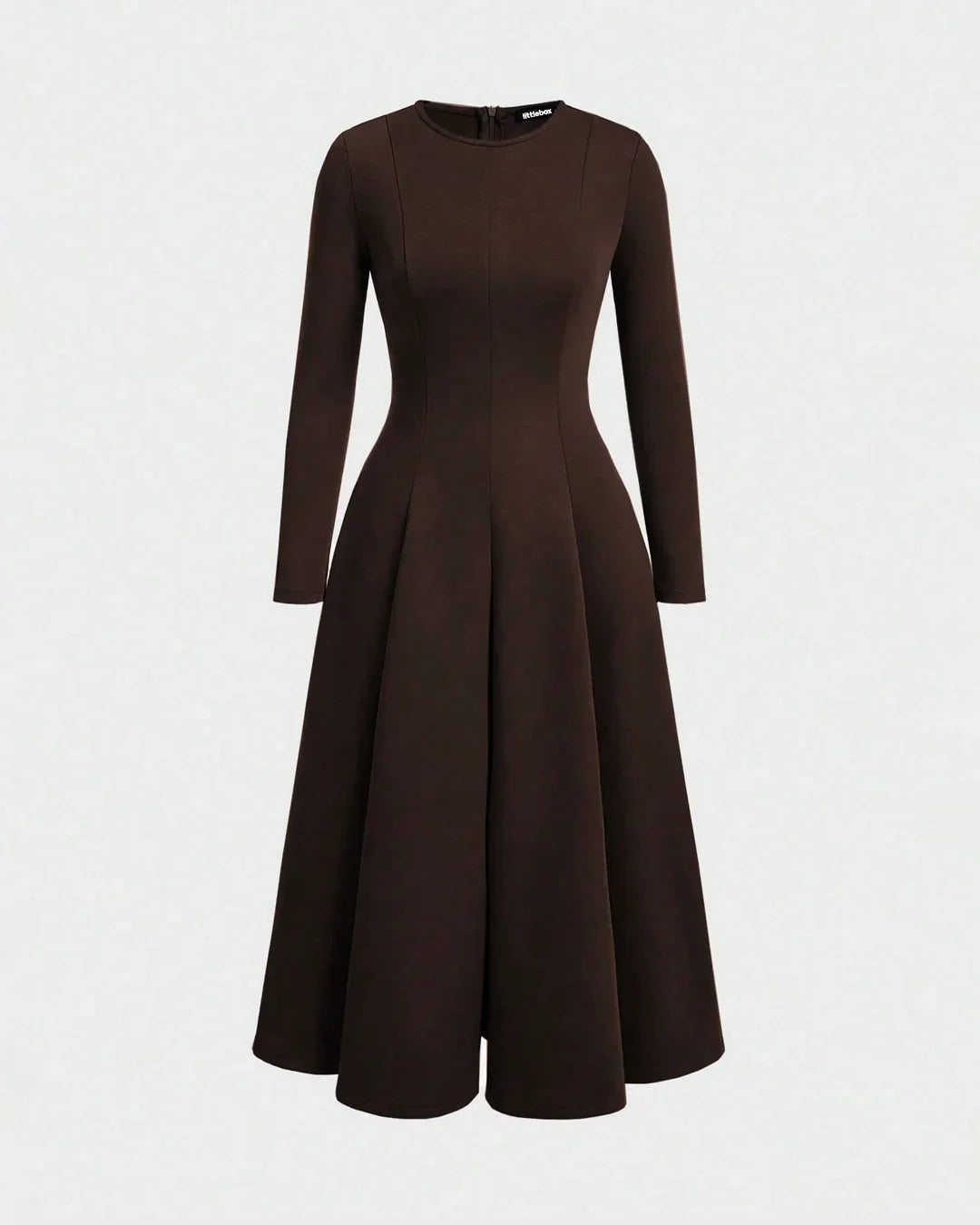 Round Neck Fit & Flare Solid Long Sleeve Midi Dress in Brown
