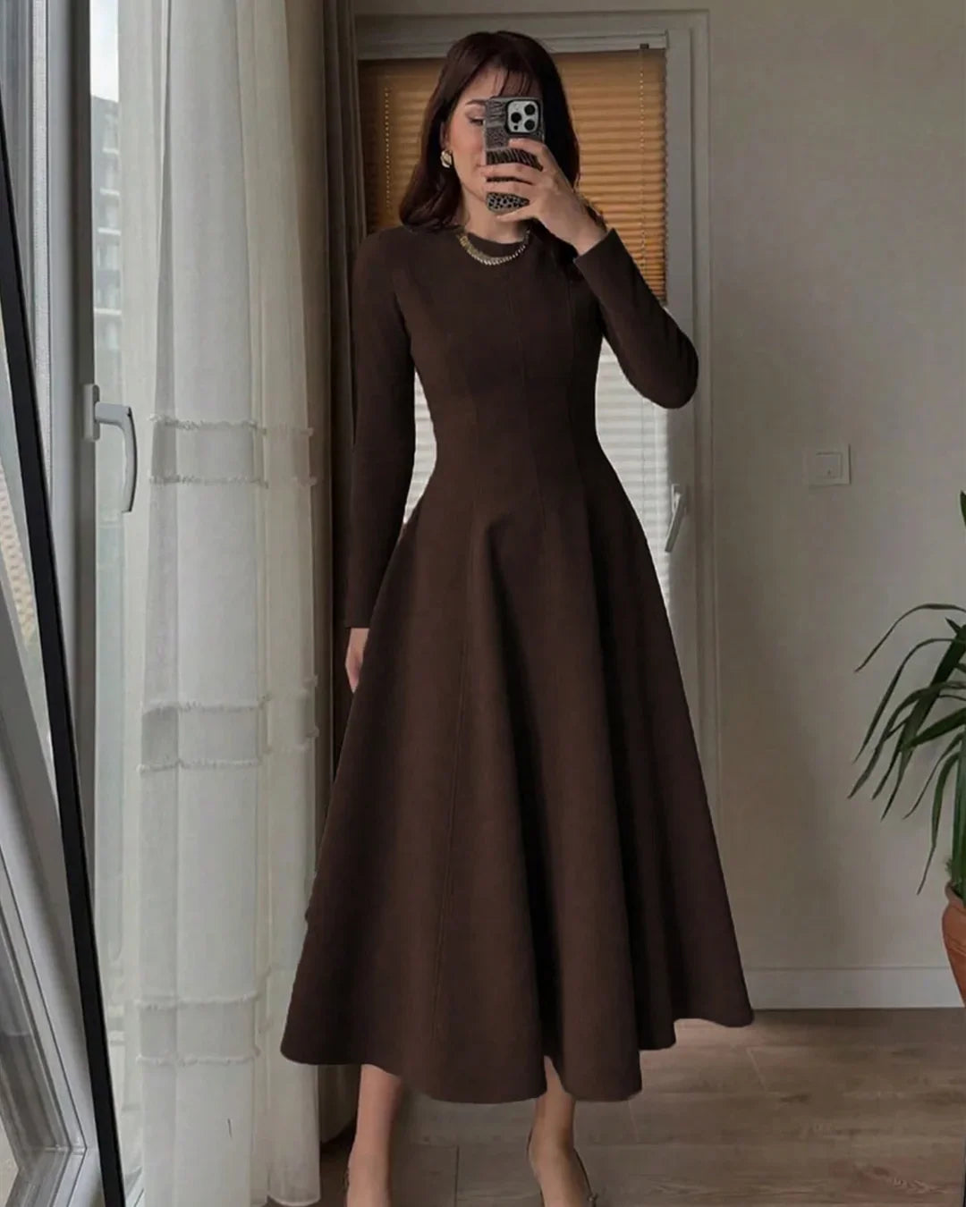 Round Neck Fit & Flare Solid Long Sleeve Midi Dress in Brown