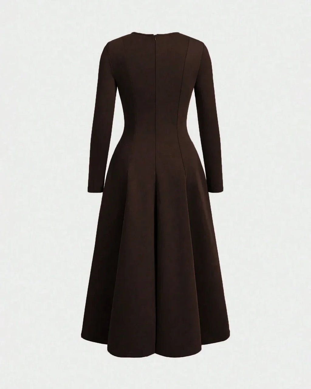 Round Neck Fit & Flare Solid Long Sleeve Midi Dress in Brown