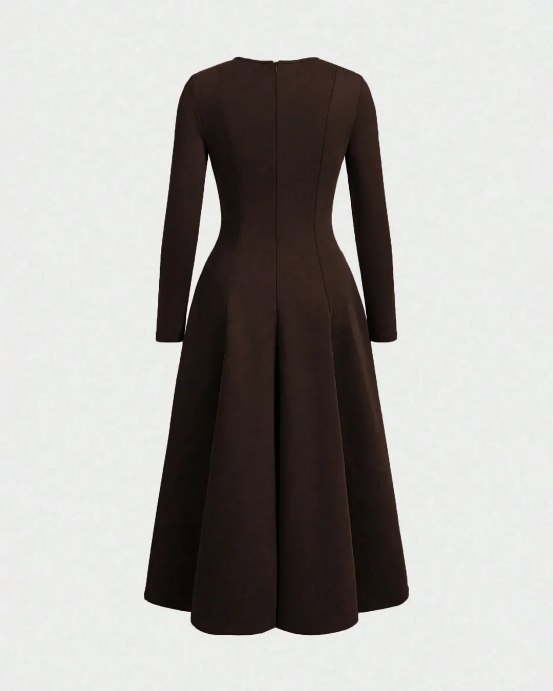 Round Neck Fit & Flare Solid Long Sleeve Midi Dress in Brown