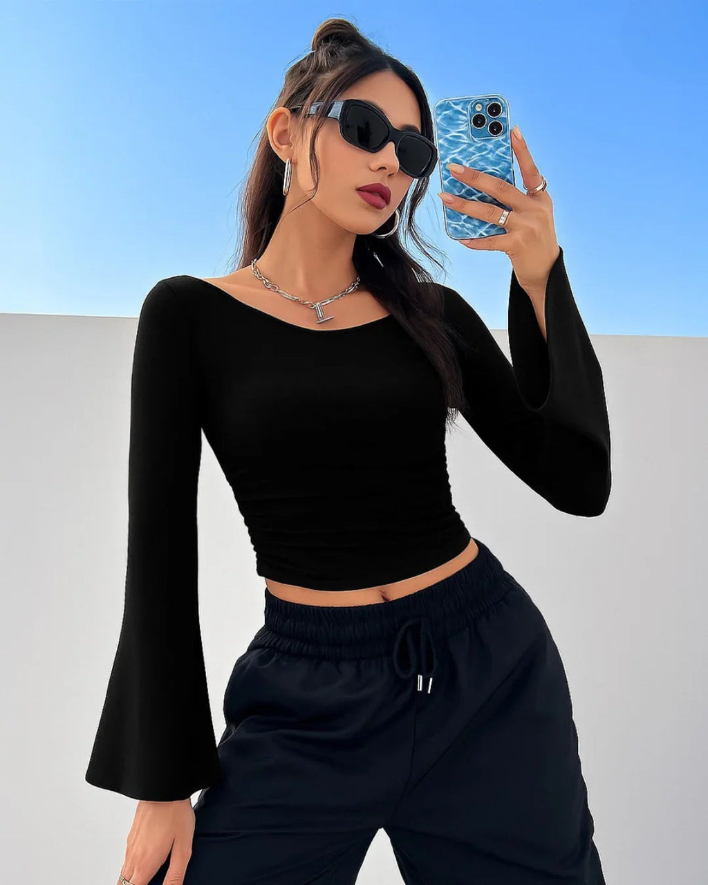 Round Neck Fitted Flared Sleeve Long Top in Black