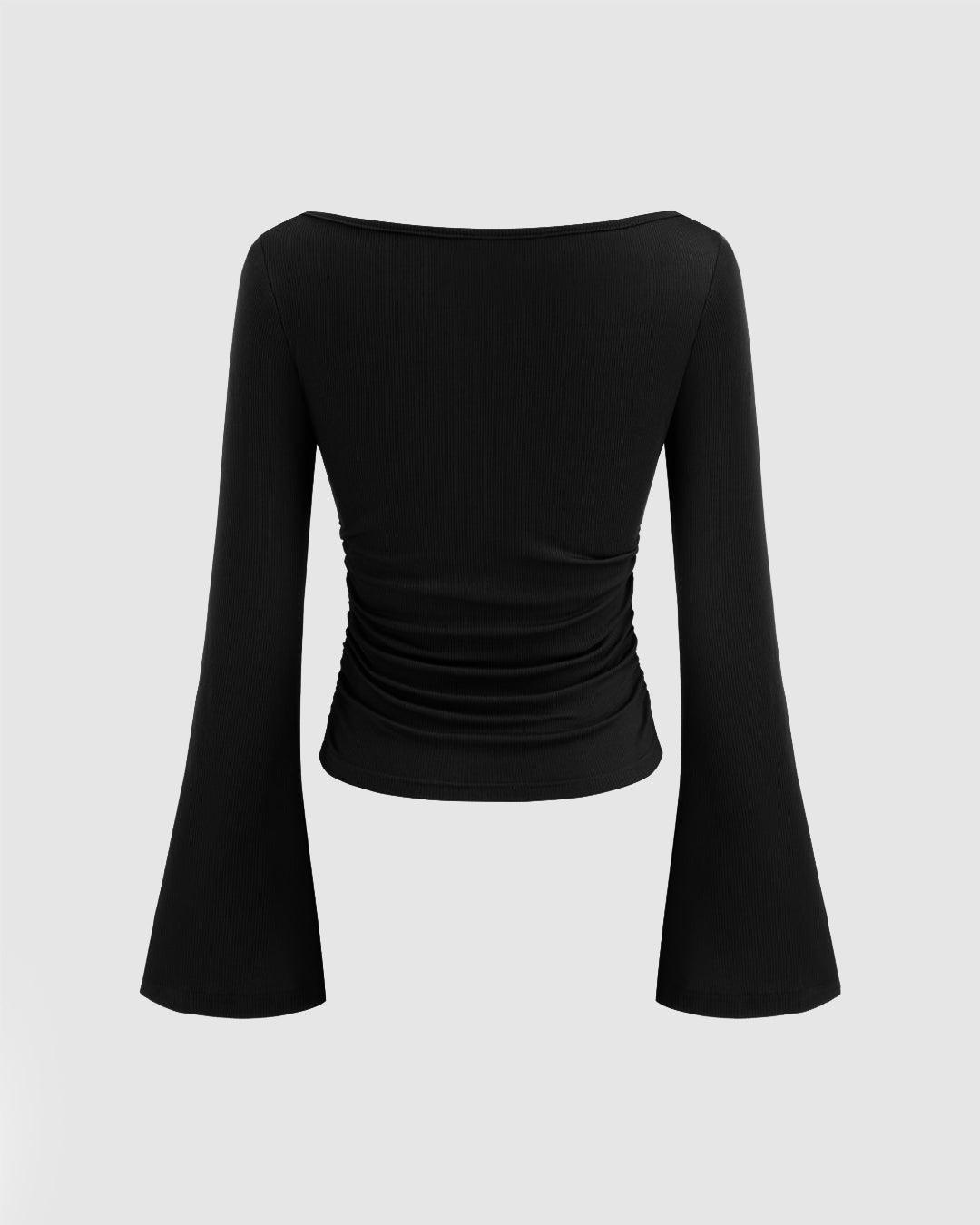 Round Neck Fitted Flared Sleeve Long Top in Black