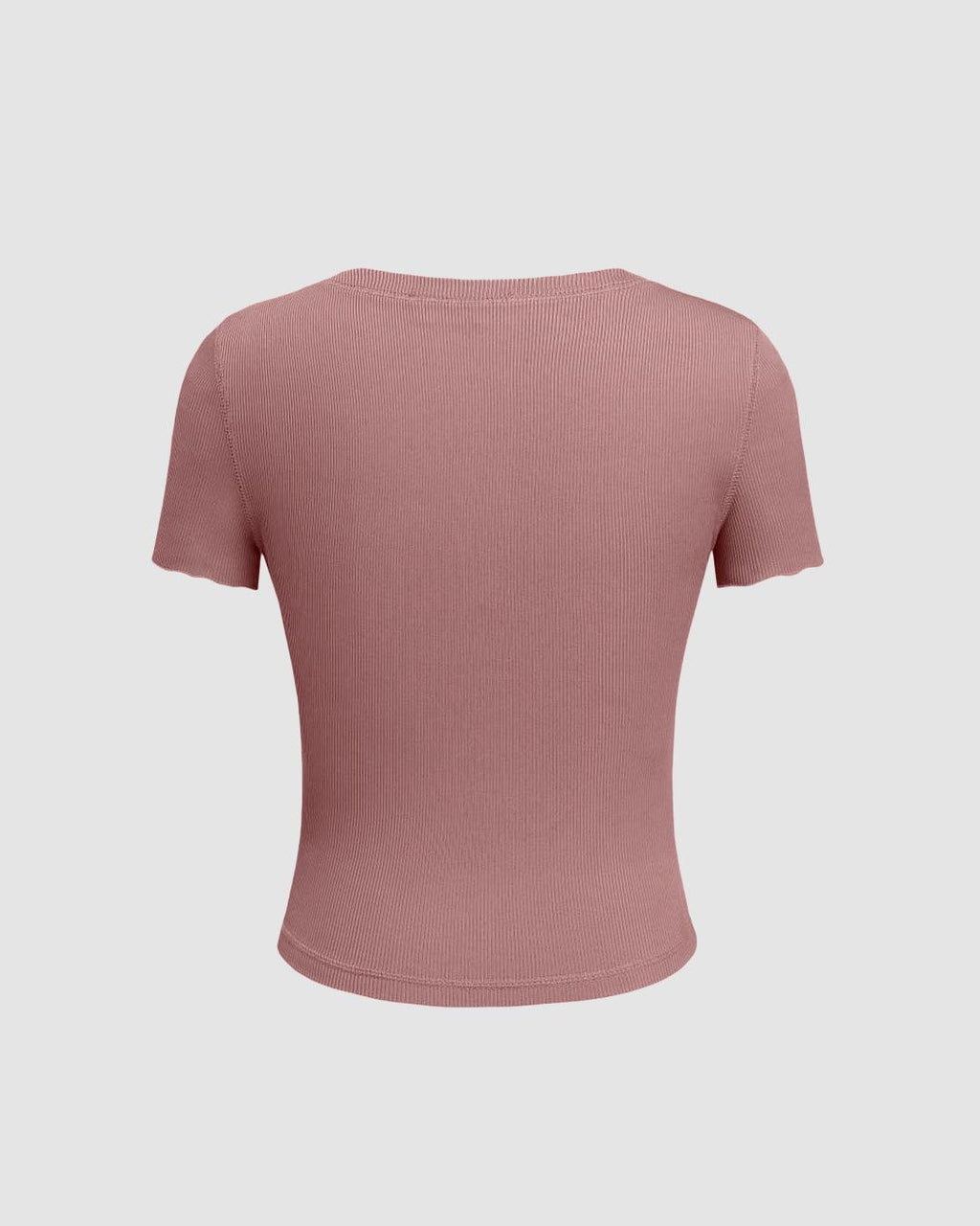 Round Neck Front Button Short Sleeve Dusty Pink T-shirt