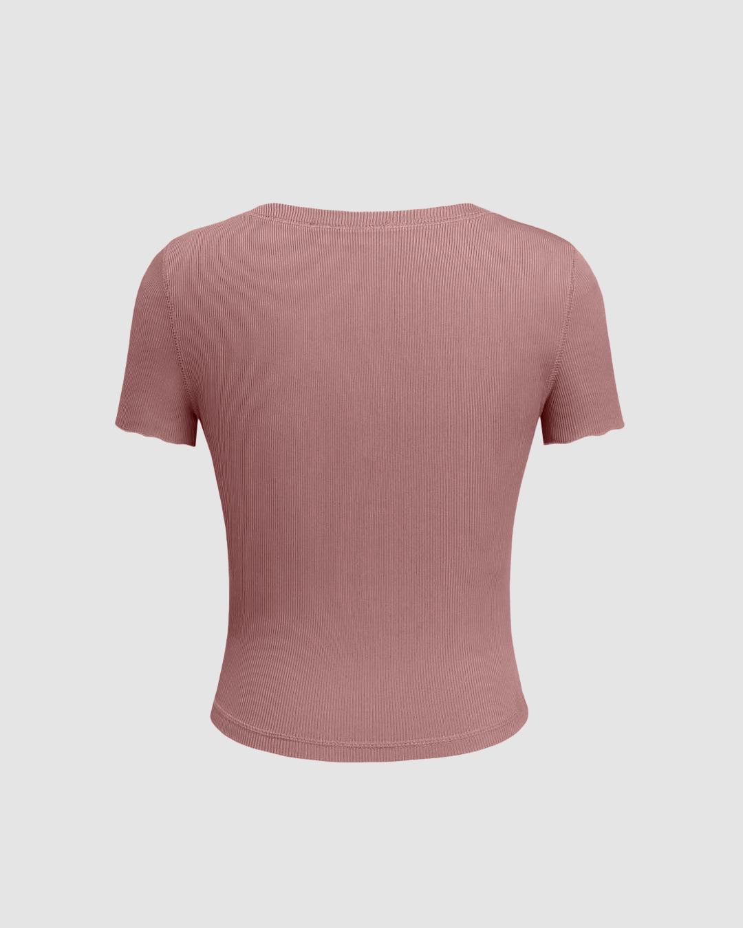 Round Neck Front Button Short Sleeve Dusty Pink T-shirt
