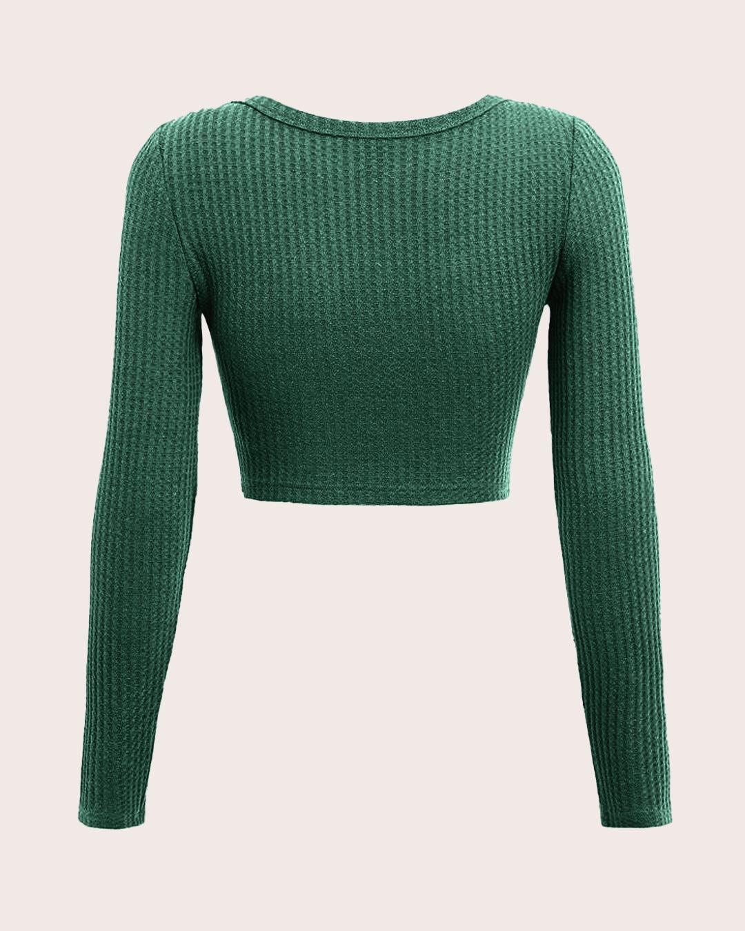 Round Neck Long Sleeves Fitted Green Crop Top