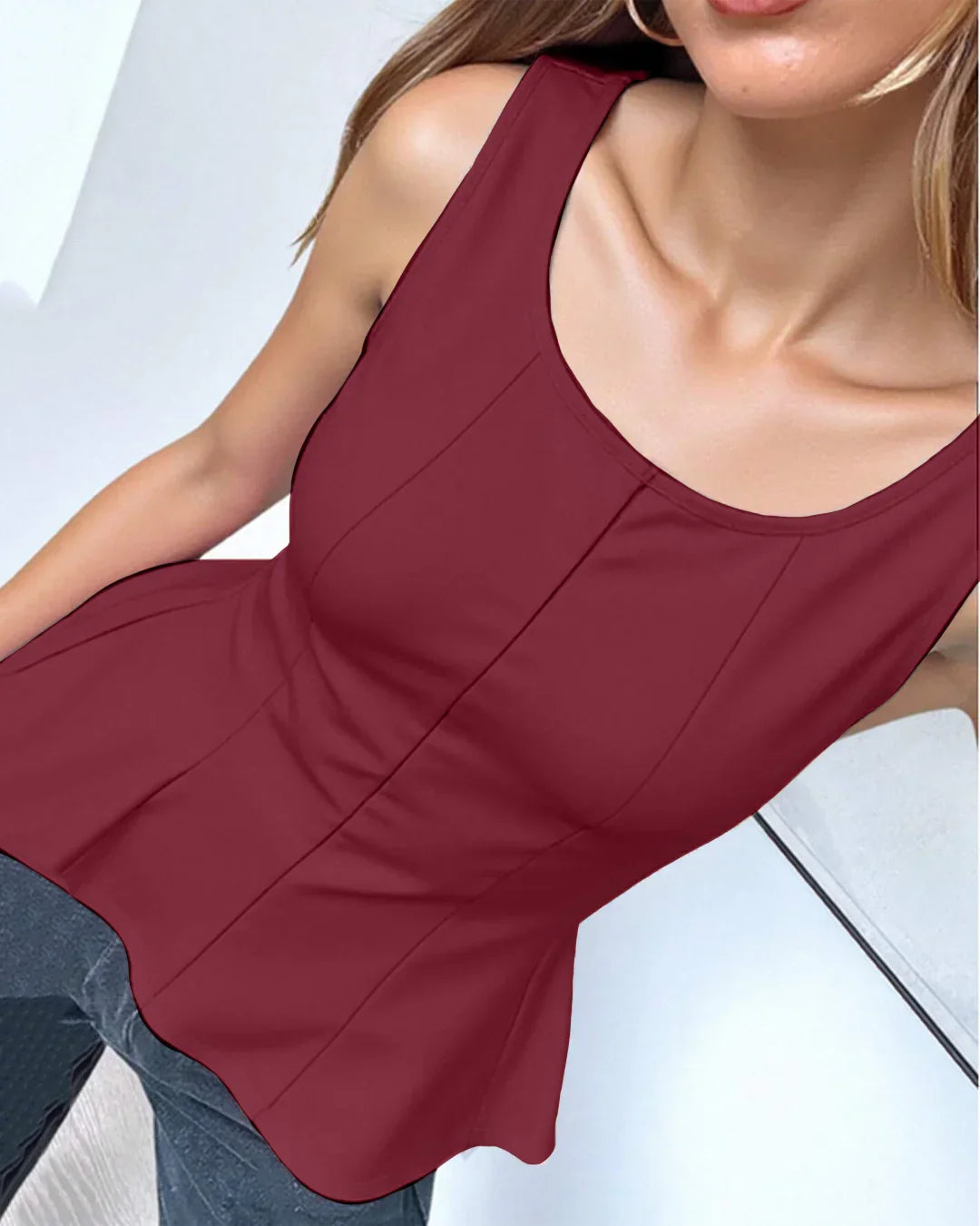 Round Neck Sleeveless Tailored Peplum Top in Maroon