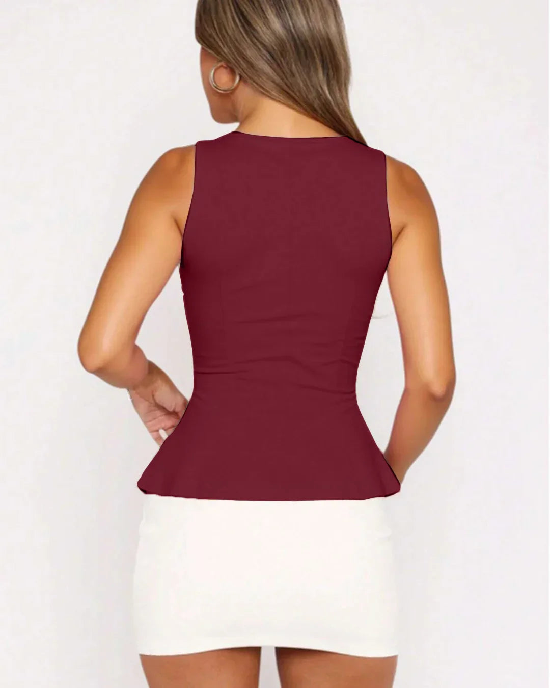 Round Neck Sleeveless Tailored Peplum Top in Maroon