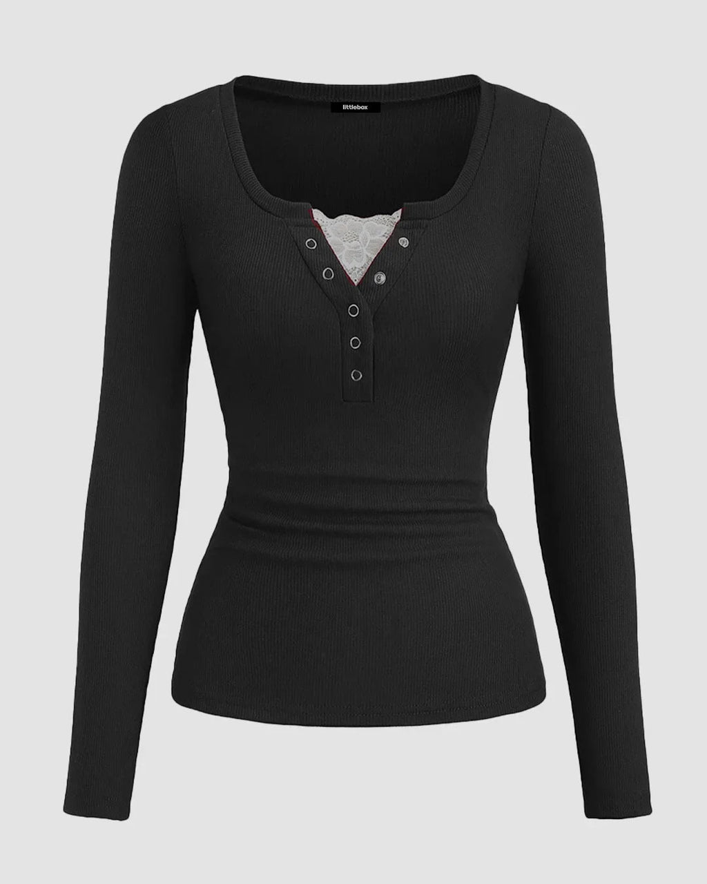 Round Neck Slim-Fit Straight Hem Solid Long Sleeve Top in Black