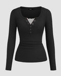 Round Neck Slim-Fit Straight Hem Solid Long Sleeve Top in Black