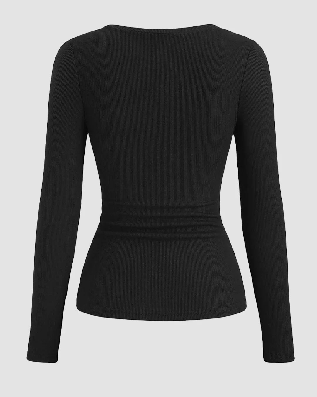 Round Neck Slim-Fit Straight Hem Solid Long Sleeve Top in Black