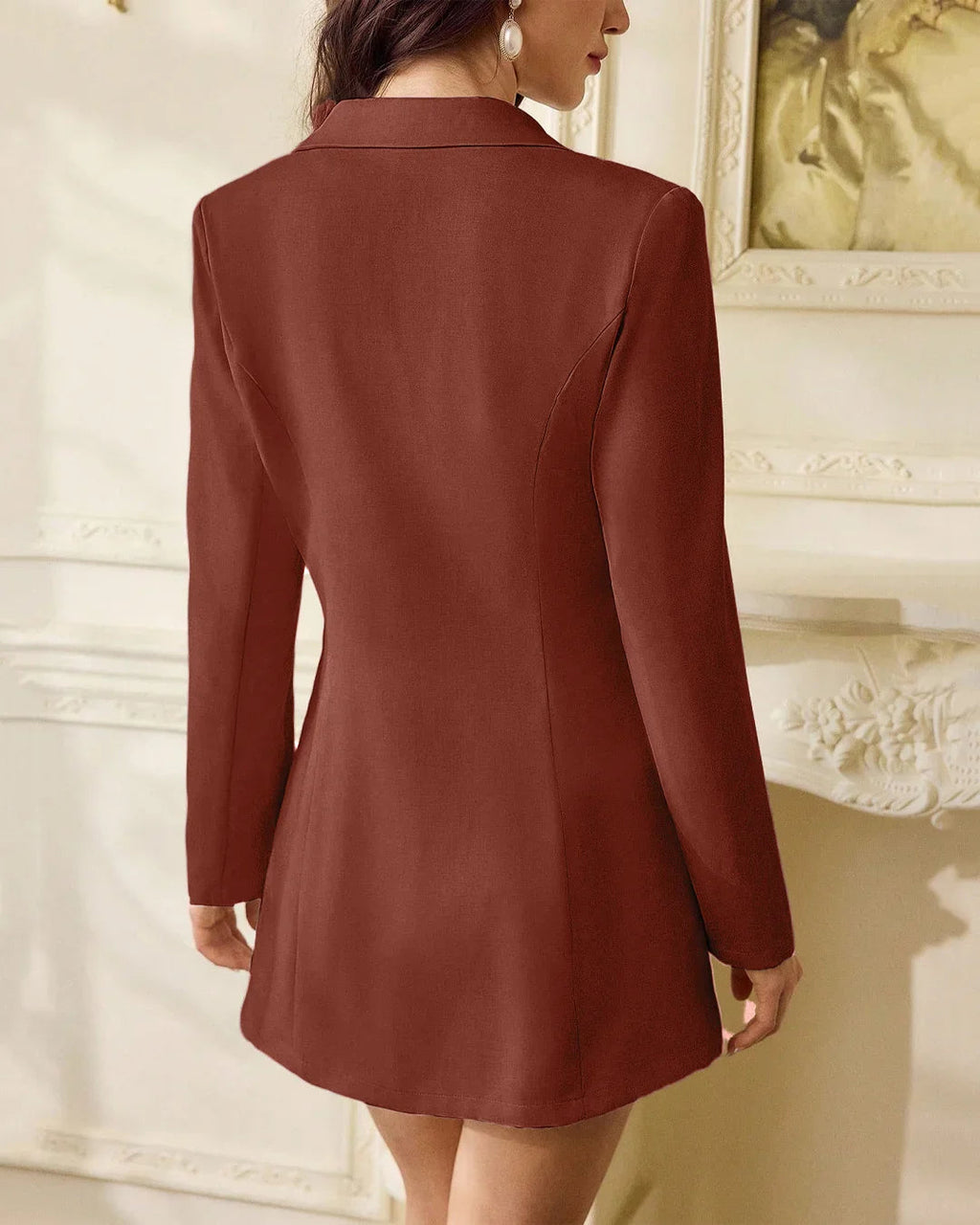 Round Neck Slim Fit A-Line Hem Long Sleeve Knee-Length Blazer and Sleeveless Dress Set in Rust