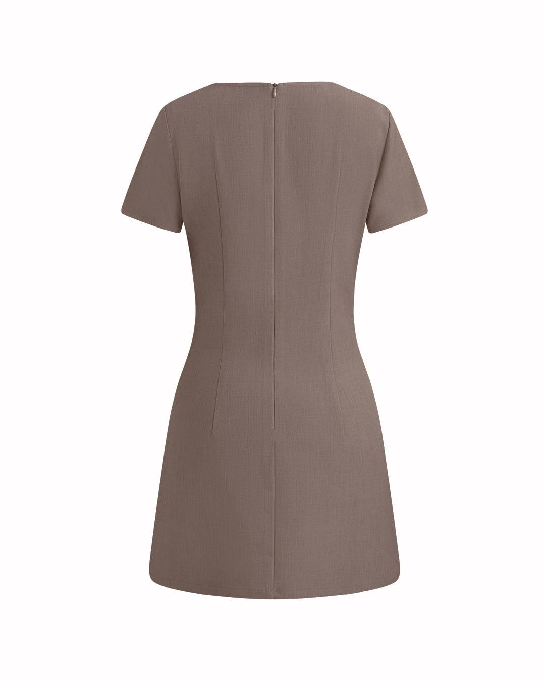 Round Neck Solid Bowknot Brown Mini Dress