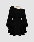 Round Neckline Asymmetrical Ruffle Mini Dress In Black