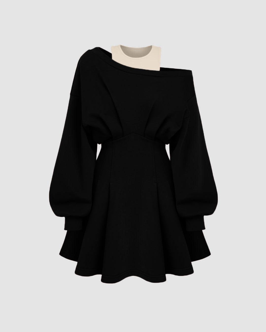 Round Neckline Asymmetrical Ruffle Mini Dress In Black
