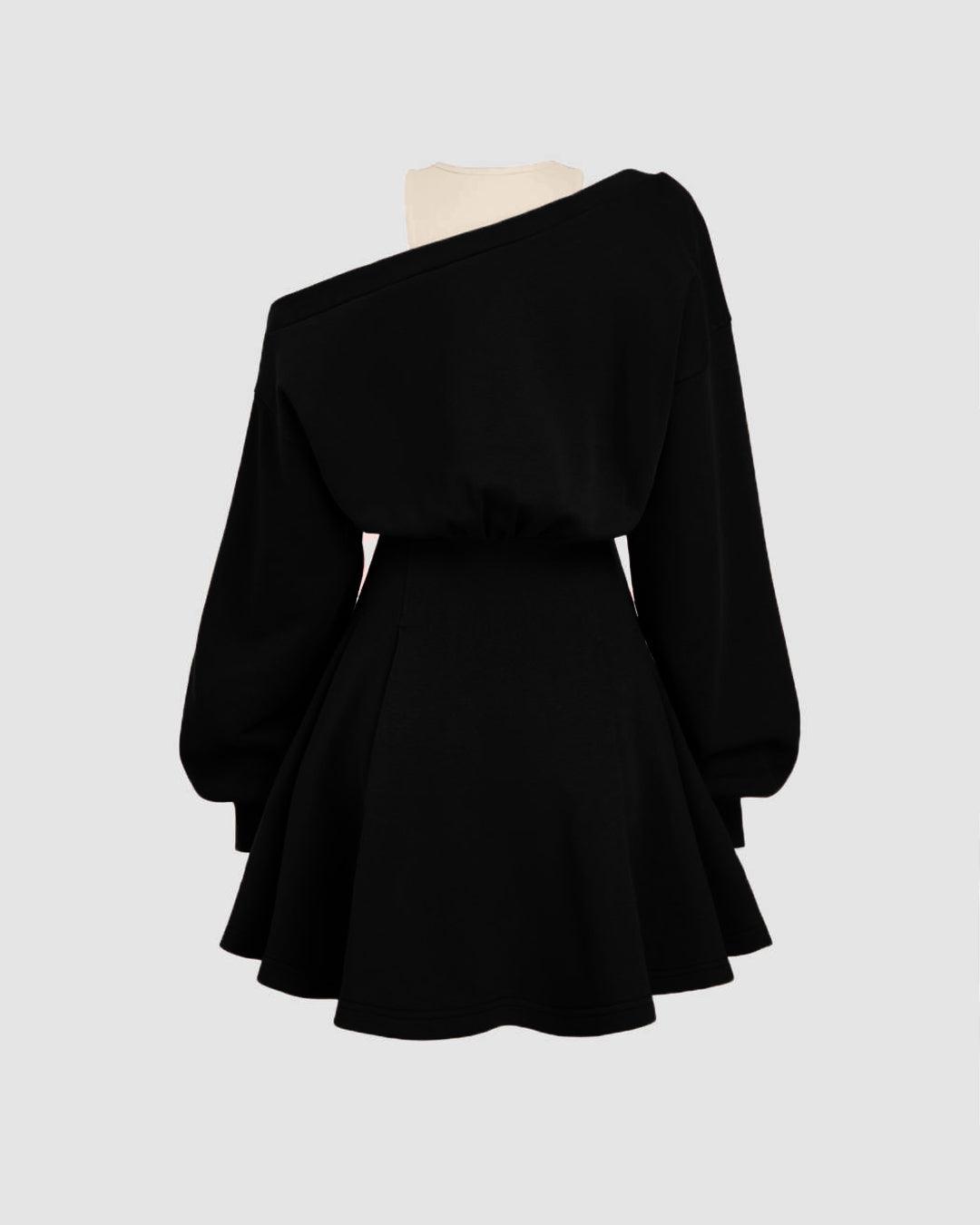 Round Neckline Asymmetrical Ruffle Mini Dress In Black