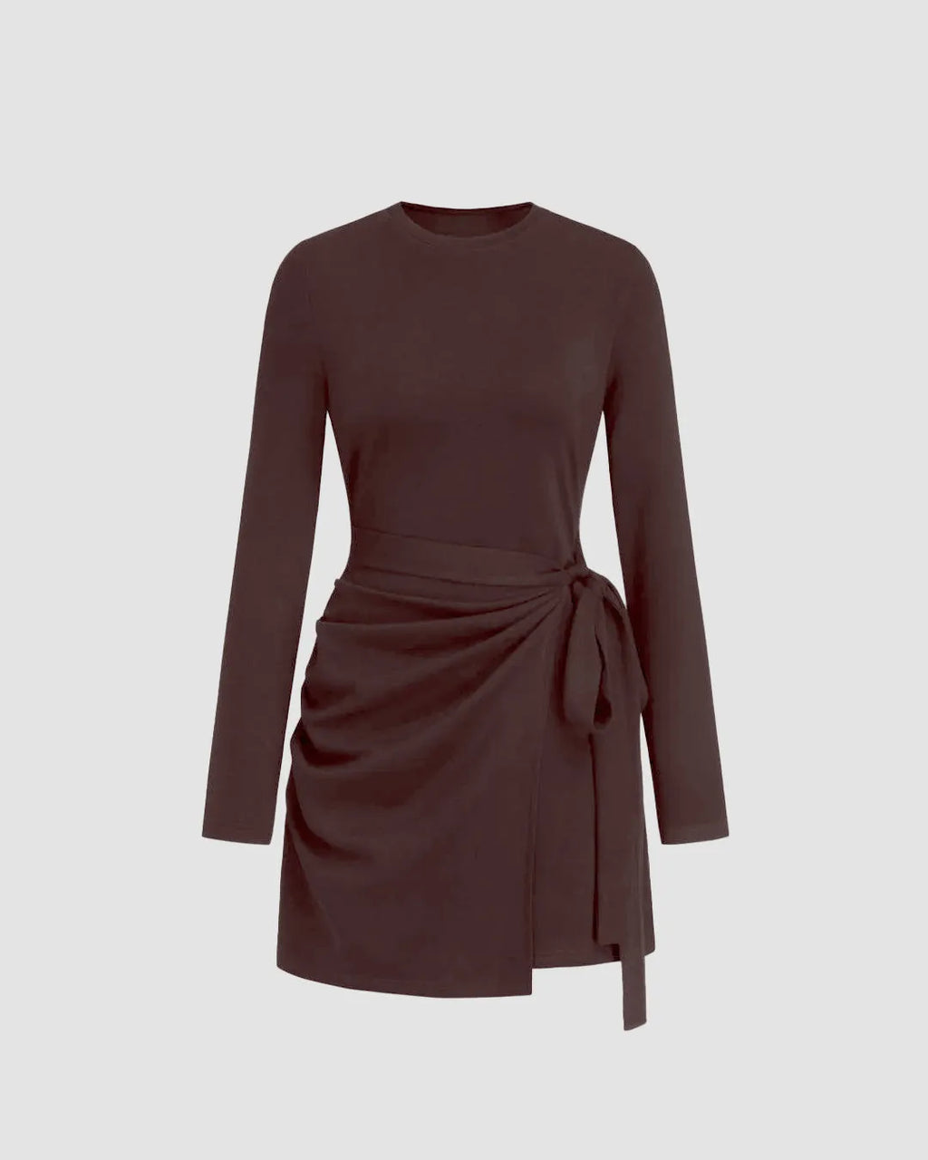 Round Neckline Knotted Wrap Mini Dress in Chocolate