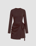 Round Neckline Knotted Wrap Mini Dress in Chocolate