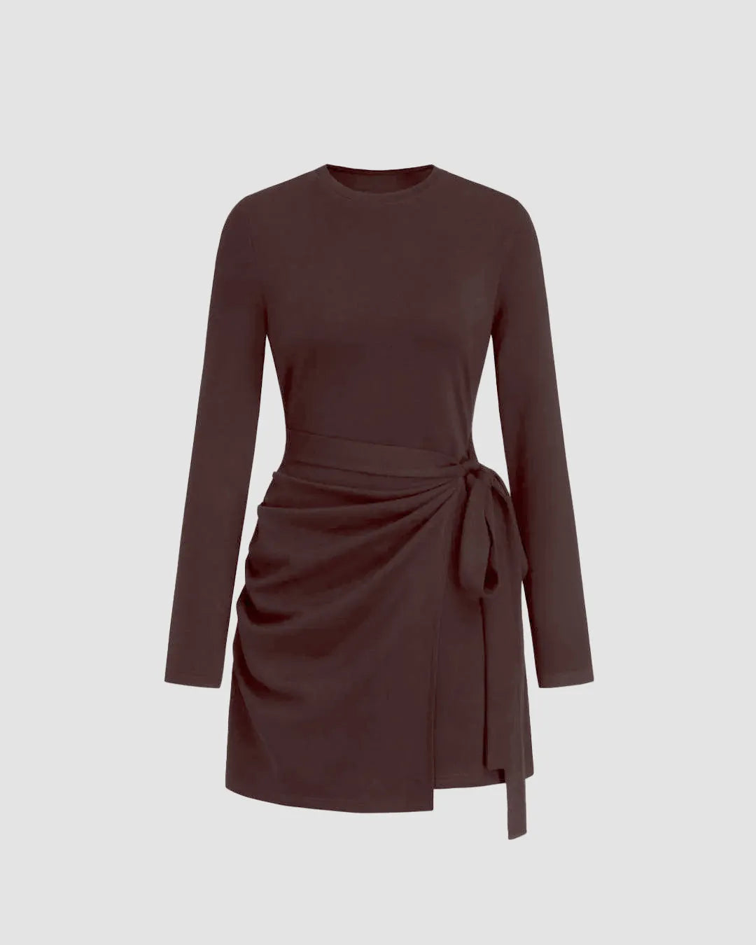 Round Neckline Knotted Wrap Mini Dress in Chocolate
