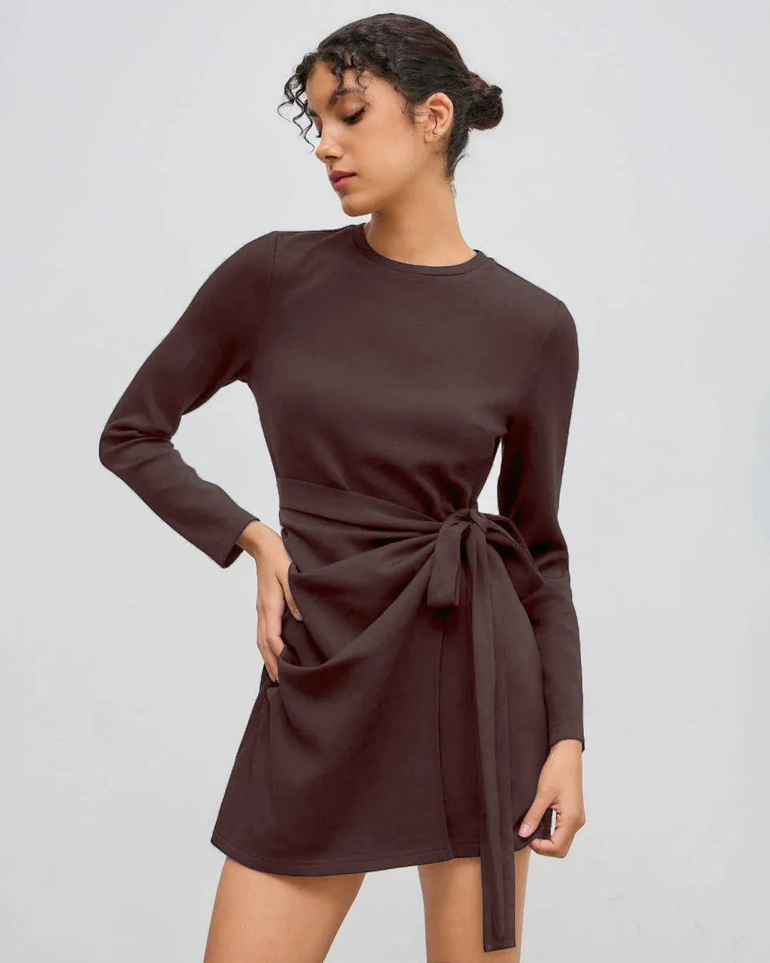 Round Neckline Knotted Wrap Mini Dress in Chocolate