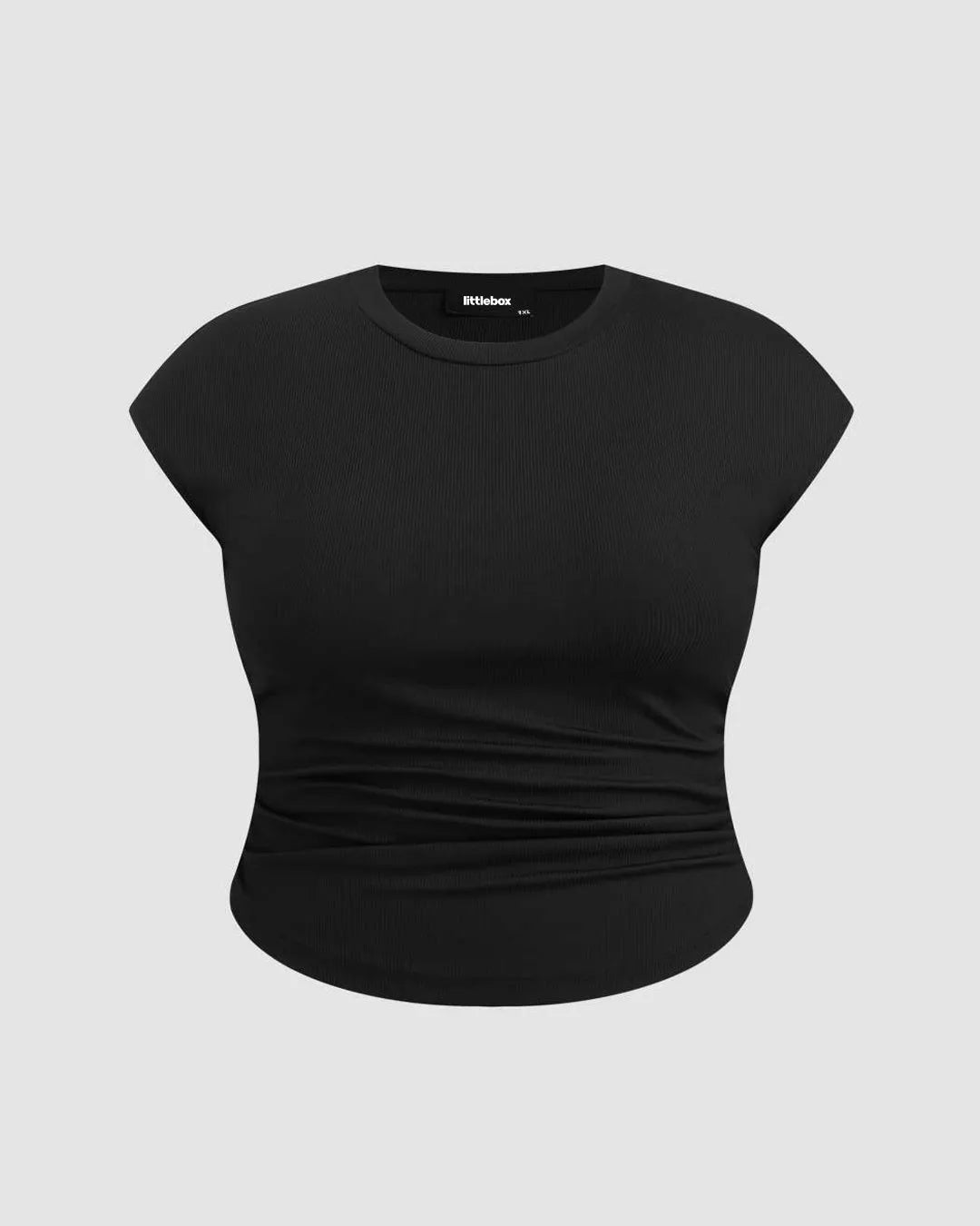 Round Neckline Ruched Solid Short Sleeve Black Top Curve & Plus
