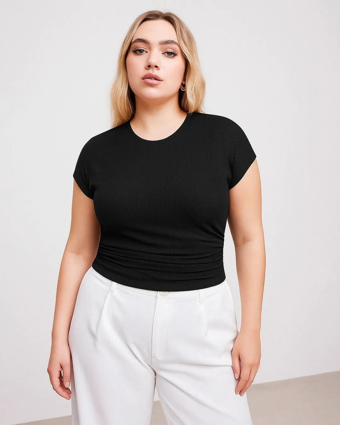 Round Neckline Ruched Solid Short Sleeve Black Top Curve & Plus