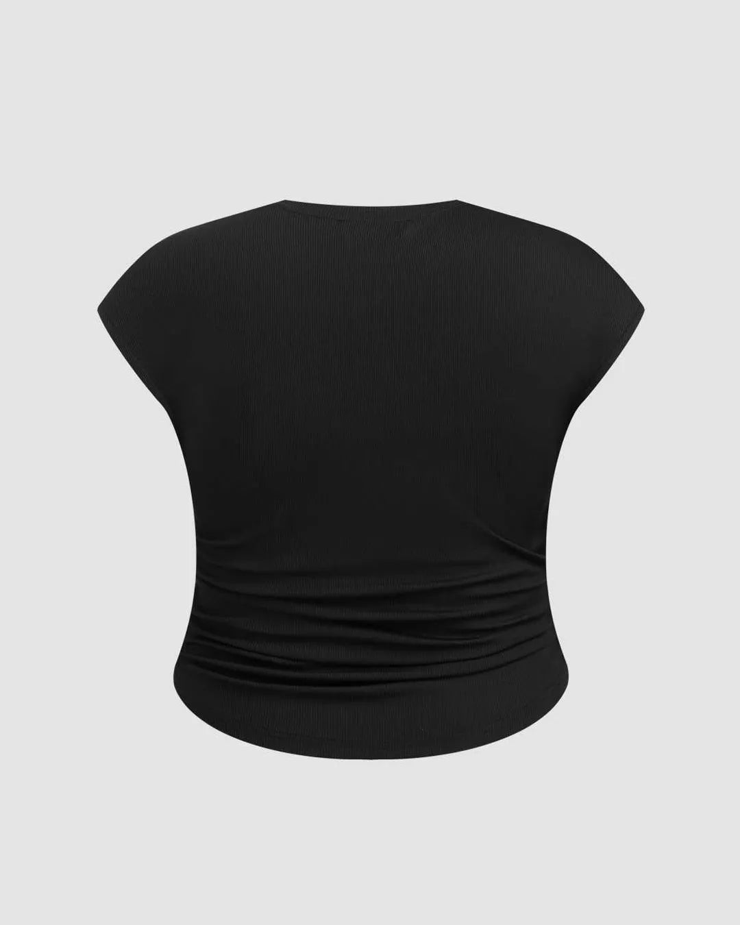 Round Neckline Ruched Solid Short Sleeve Black Top Curve & Plus