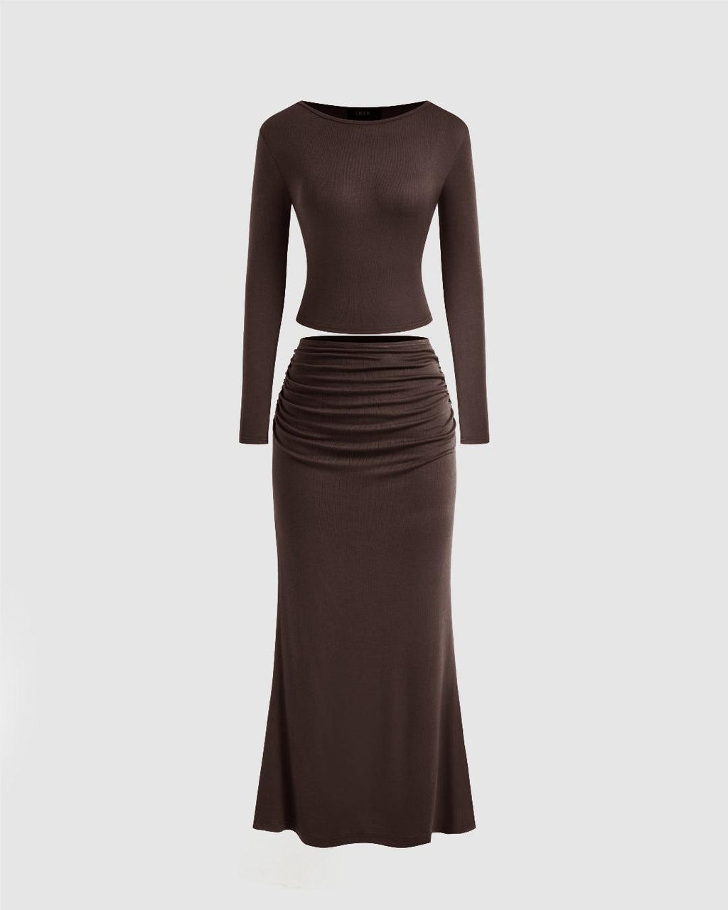 Round Neckline Solid Crop Top & Mid Rise Ruched Maxi Skirt Set In Chocolate Brown