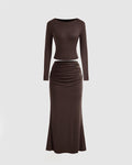 Round Neckline Solid Crop Top & Mid Rise Ruched Maxi Skirt Set In Chocolate Brown