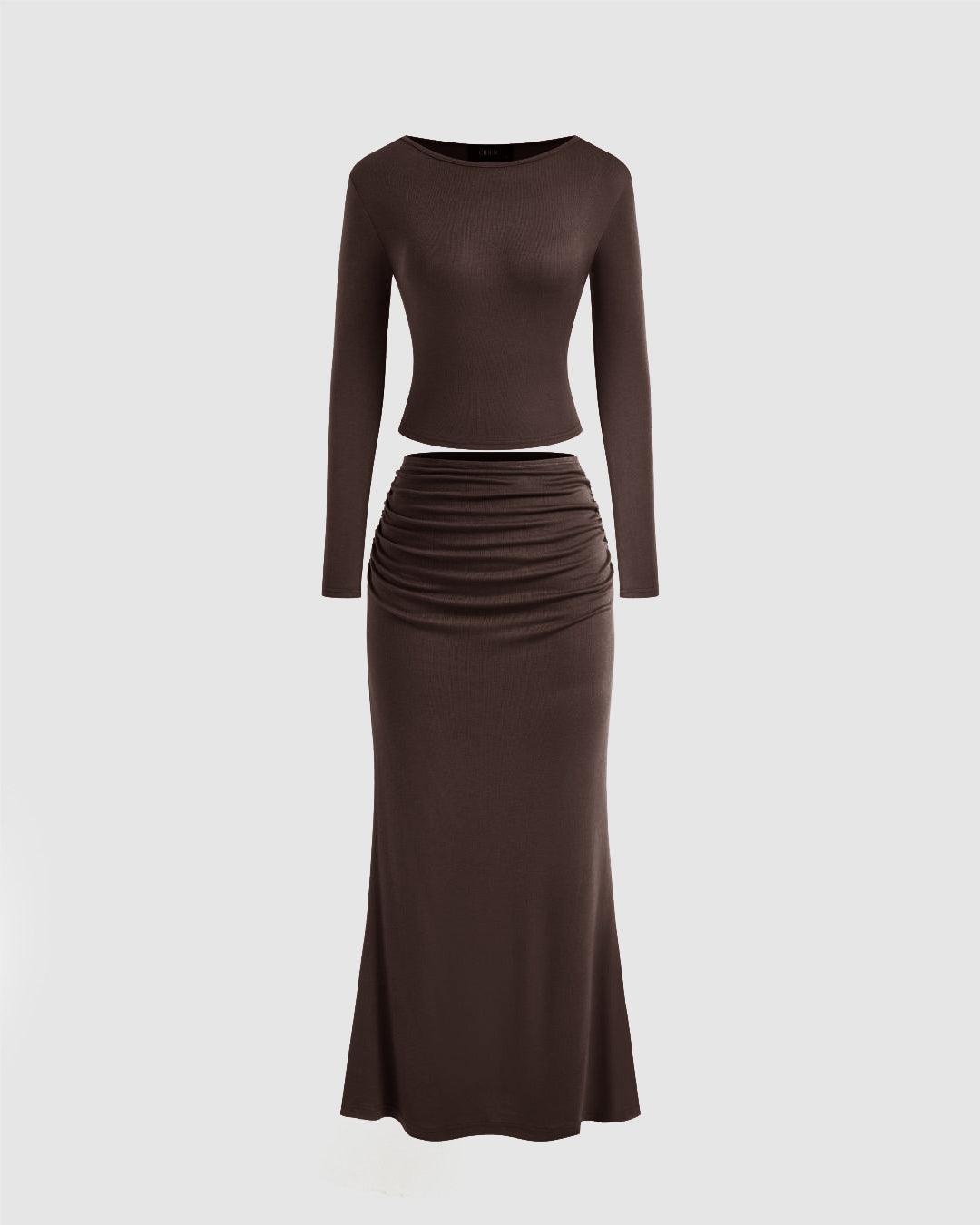 Round Neckline Solid Crop Top & Mid Rise Ruched Maxi Skirt Set In Chocolate Brown