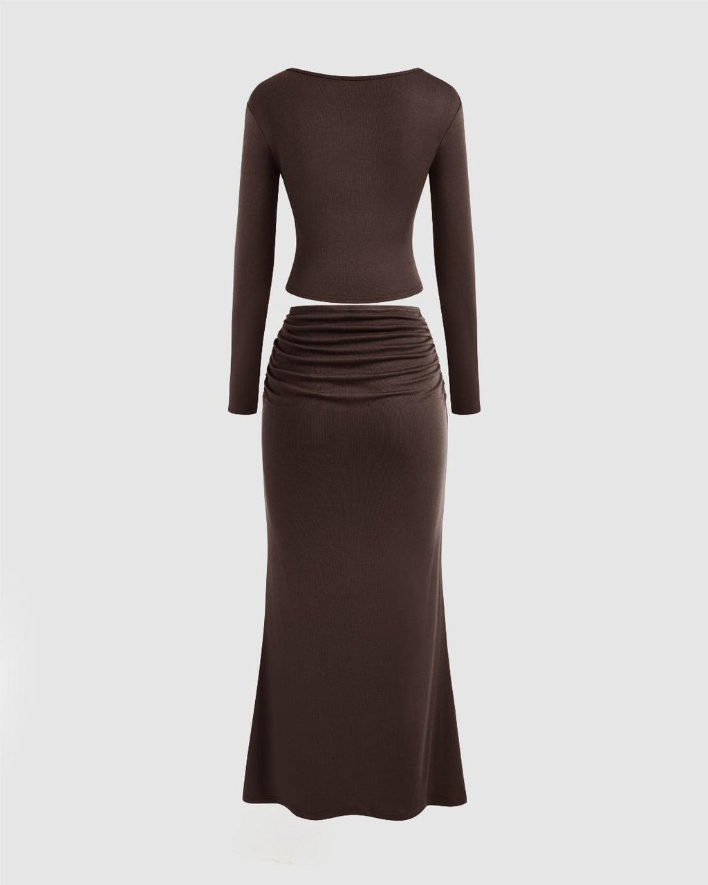 Round Neckline Solid Crop Top & Mid Rise Ruched Maxi Skirt Set In Chocolate Brown