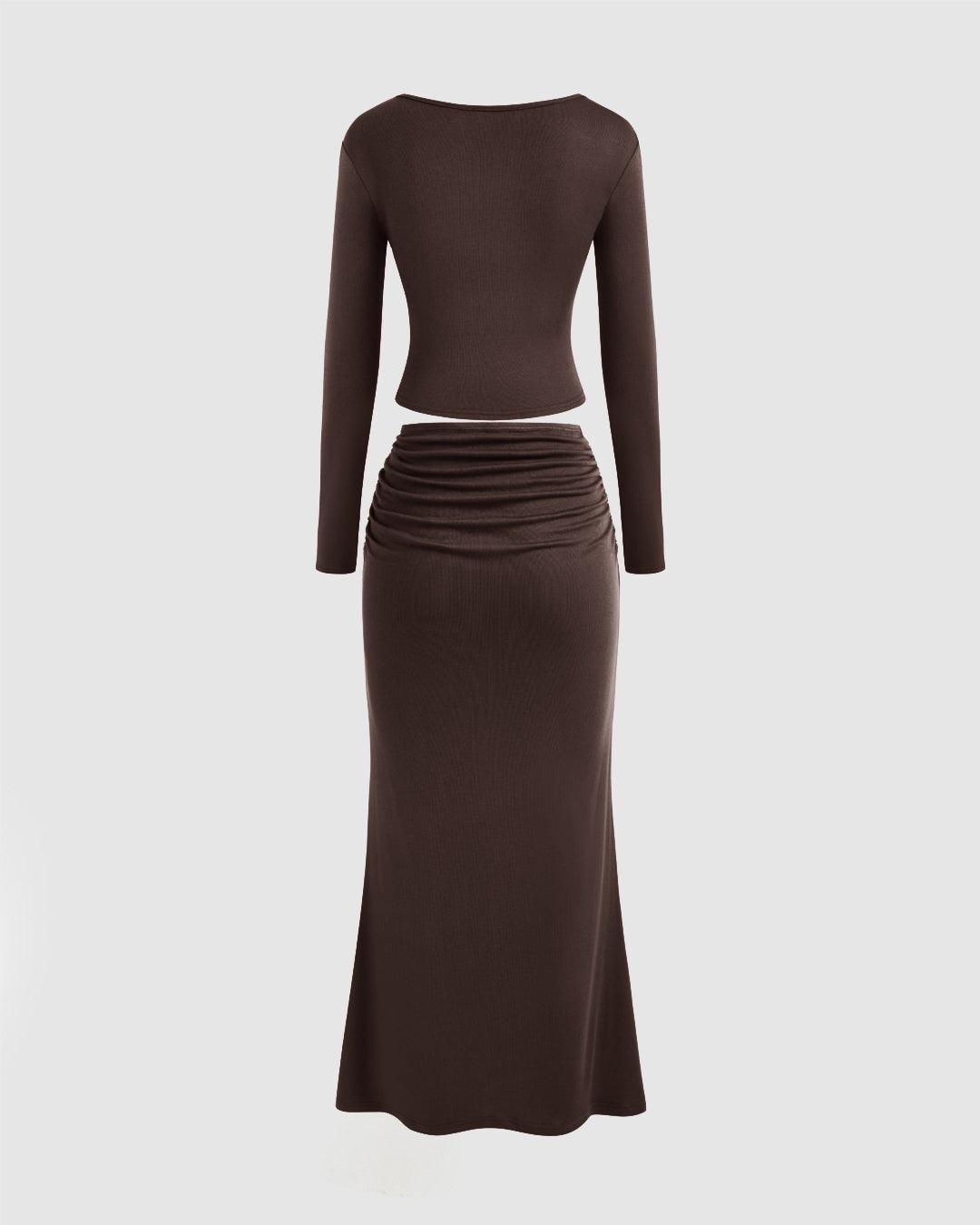 Round Neckline Solid Crop Top & Mid Rise Ruched Maxi Skirt Set In Chocolate Brown