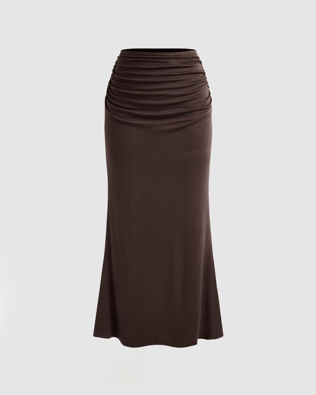 Round Neckline Solid Crop Top & Mid Rise Ruched Maxi Skirt Set In Chocolate Brown
