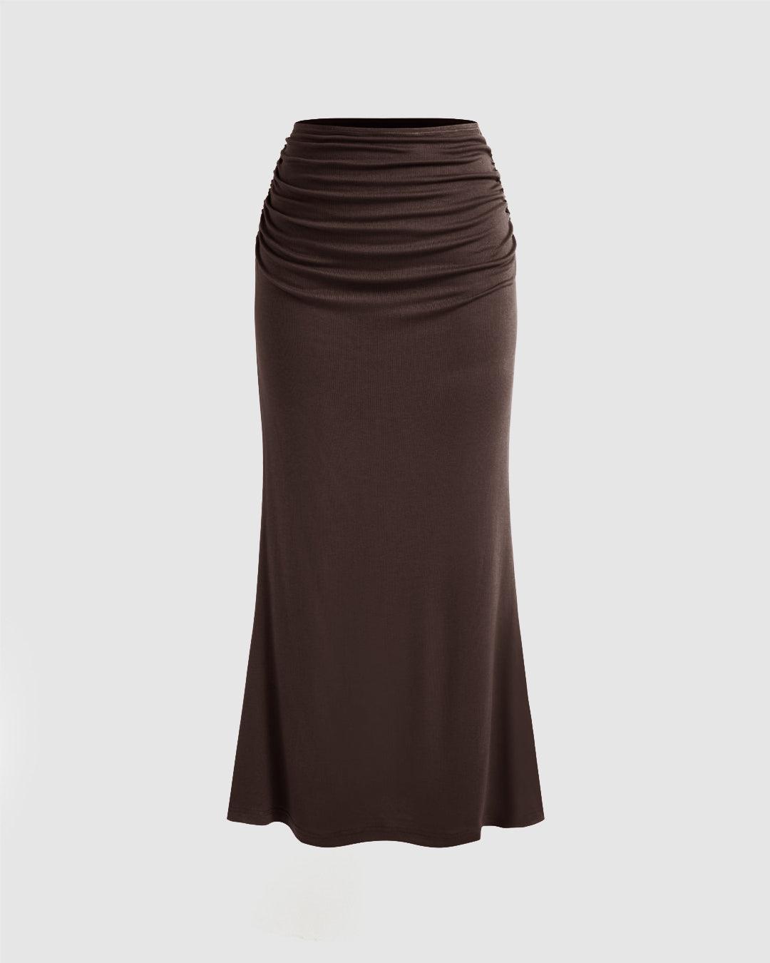 Round Neckline Solid Crop Top & Mid Rise Ruched Maxi Skirt Set In Chocolate Brown