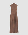 Round Neckline Solid Pleated Jumpsuit In Brown