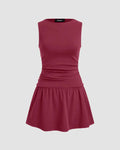 Round Neckline Solid Ruched Ruffle Hem Mini Cami Dress In Ruby