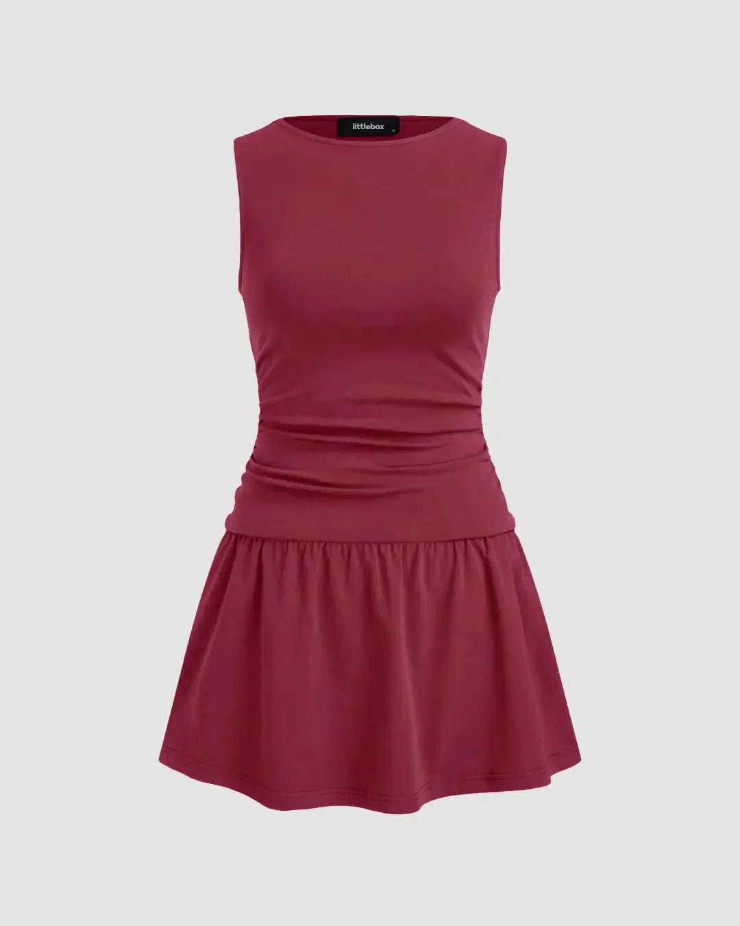 Round Neckline Solid Ruched Ruffle Hem Mini Cami Dress In Ruby