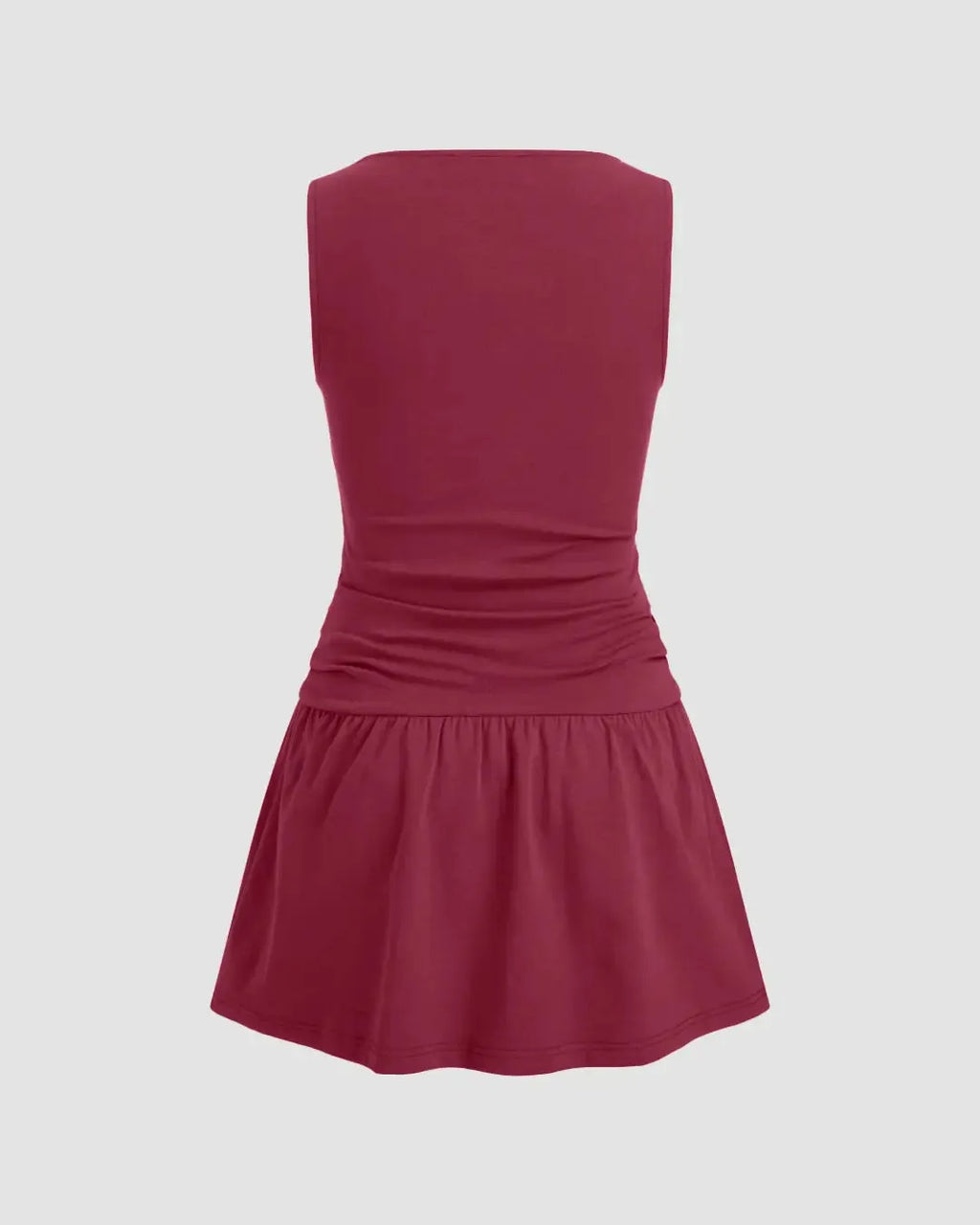 Round Neckline Solid Ruched Ruffle Hem Mini Cami Dress In Ruby