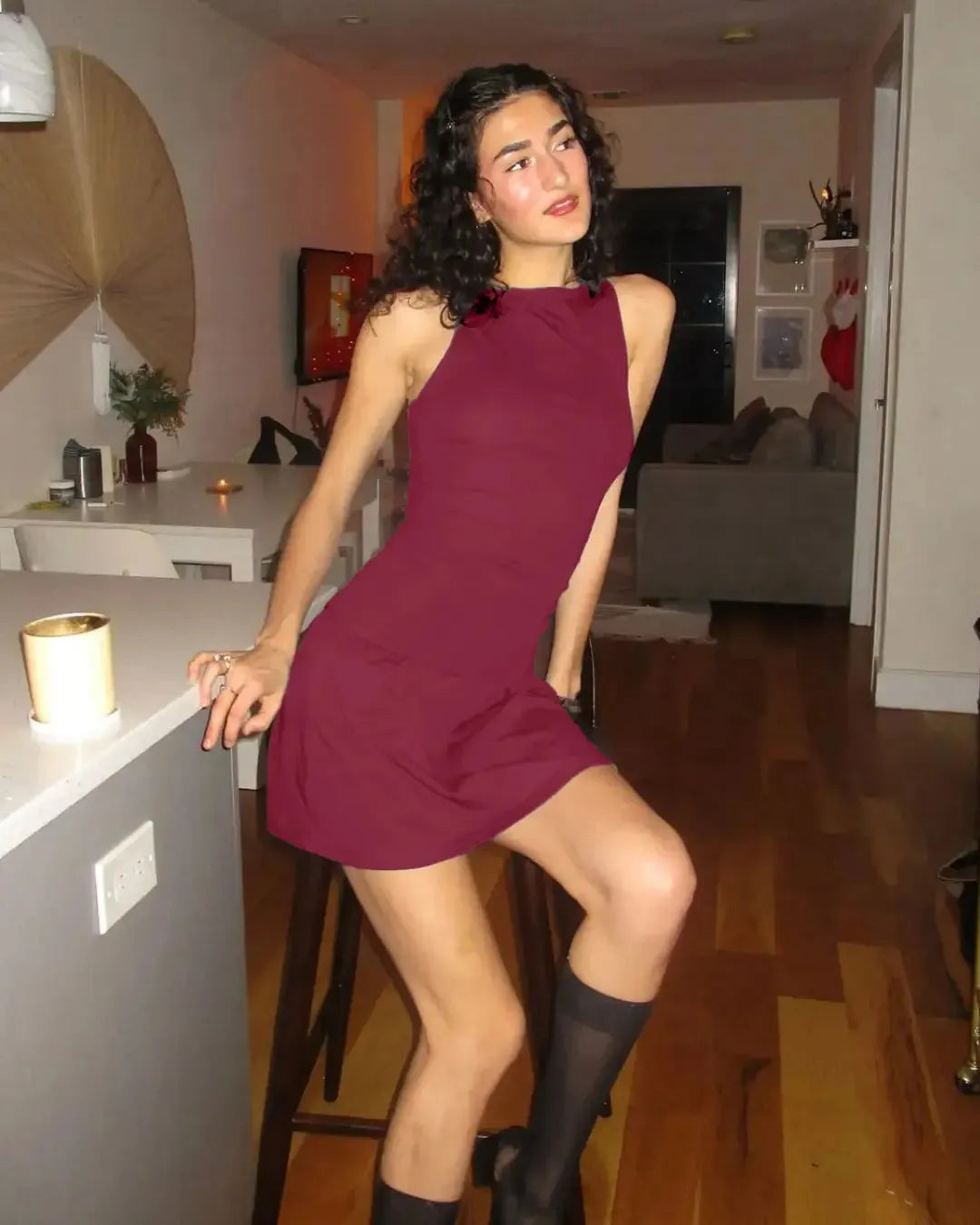 Round Neckline Solid Ruched Ruffle Hem Mini Cami Dress In Ruby