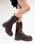 Round Toe Croco Textured Lace Up Boots In Brown